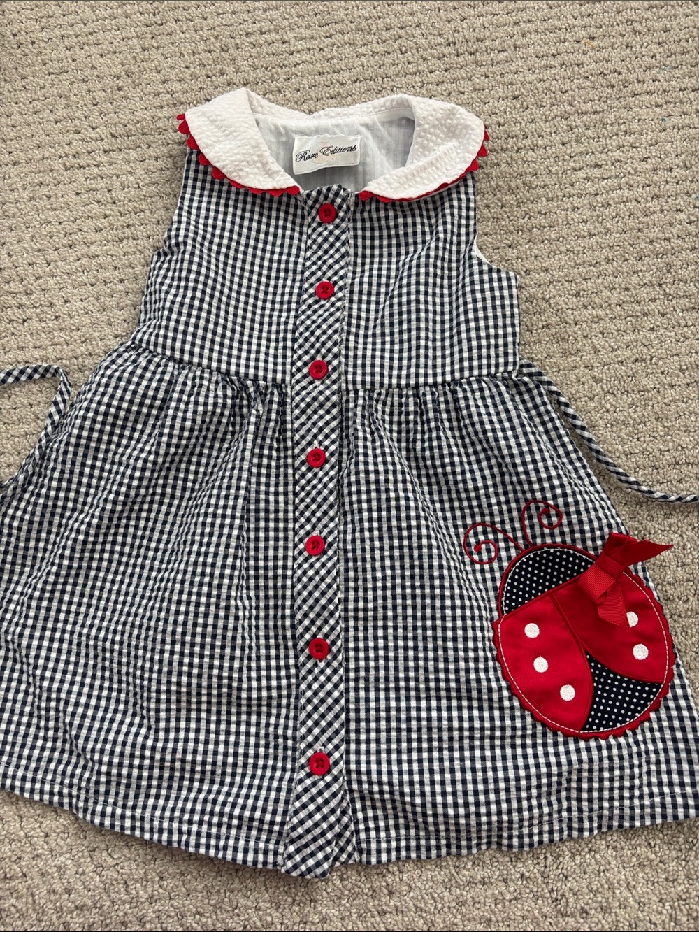 Rare Editions Navy and White Gingham Dress with Red Trim